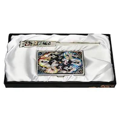 Mother-of-Pearl Business Card Case and Letter Opener Set - Twin Dragons (2-Piece)