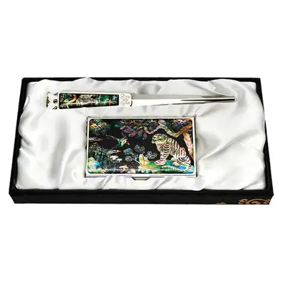 Mother-of-Pearl Business Card Case and Knife Set of 2 - Magpie and Tiger