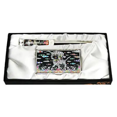 Mother-of-Pearl Business Card Case Jigal 2-Piece Set with Double Tiger and Magpie Design