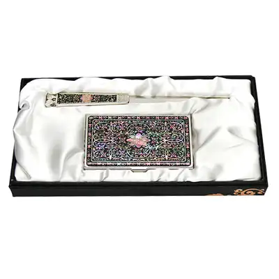 Mother-of-Pearl Business Card Case Set of 2 - Scrolling Vine Pattern