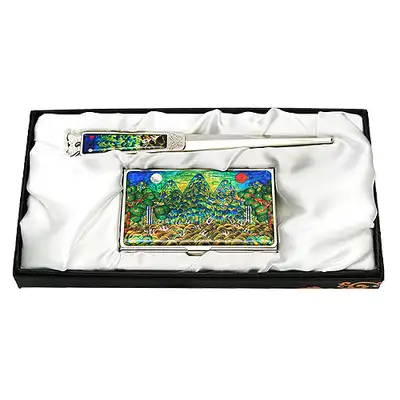 Mother-of-Pearl Business Card Case and Letter Opener Set (2-Piece Sun and Moon Design)