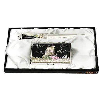 Mother-of-Pearl Business Card Case and Nail File Set - Turtle Ship Design (2 Types)