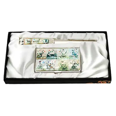 Mother-of-Pearl Business Card Case 2-Piece Set - Insects and Plants Design