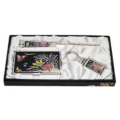 Mother-of-Pearl Business Card Case Jigal Set 3-Piece Orchid Pattern