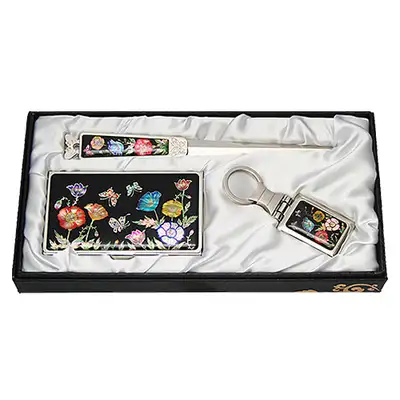Mother-of-Pearl Business Card Case Butter Knife Set of 3 - Peony Design