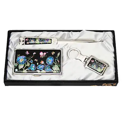 Mother-of-Pearl Business Card Case Nail File Set 3-Piece Morning Glory