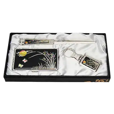 Mother-of-Pearl Business Card Case Set - Orchid Design 3-Piece