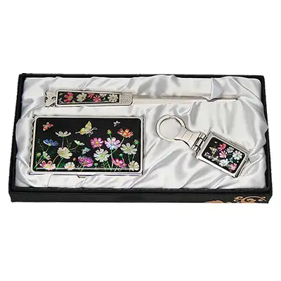 Mother-of-Pearl Business Card Case Jigal 3-Piece Set Cosmos Black