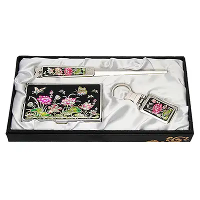 Natural Mother-of-Pearl Business Card Case Set, Water Lily, Black (3-Piece)