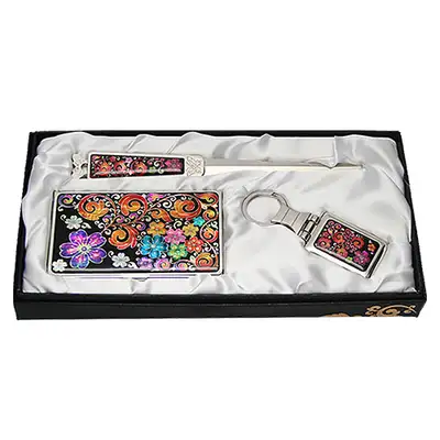 Natural Mother-of-Pearl Business Card Case Jigal 3-Piece Set - Traditional Scrollwork Plum Blossom Pattern
