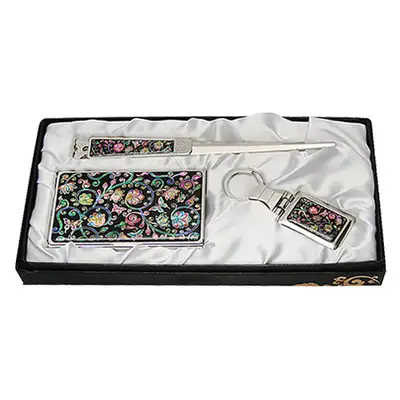 Mother-of-Pearl Business Card Case Letter Opener 3-Piece Set Vine Flower