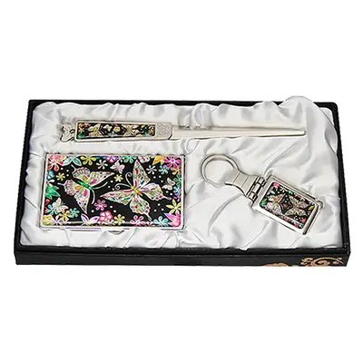 Mother-of-Pearl Business Card Holder Jigal 3-Piece Set Flower Butterfly 1 Black