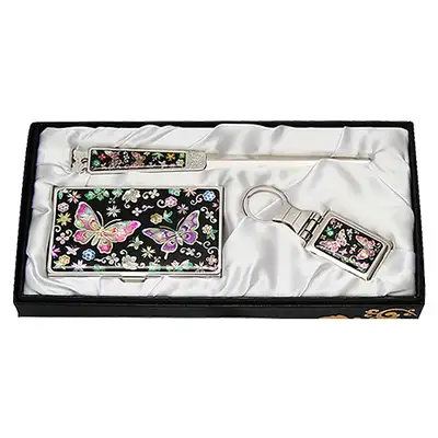 Mother-of-Pearl Business Card Case Holder 3-Piece Set Flower Butterfly 2