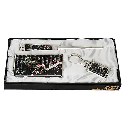 Mother-of-Pearl Business Card Case Jigal 3-Piece Set Plum Blossom Butterfly 1 Black