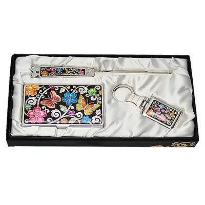 Mother-of-Pearl Business Card Case Jigal 3-Piece Set Plum Butterfly 2