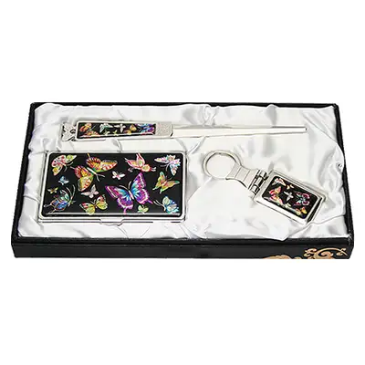 Mother-of-Pearl Business Card Case Jigal 3-Piece Set Colored Butterfly Black