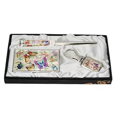 Mother-of-Pearl Business Card Case Jical 3-Piece Set Colorful Butterfly White