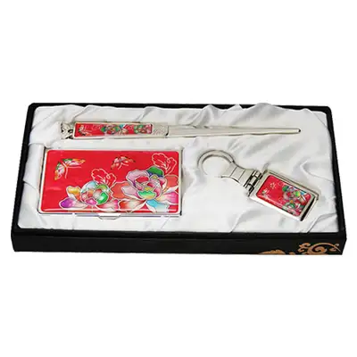 Mother-of-Pearl Business Card Case Scissors 3-Piece Set Red Peony