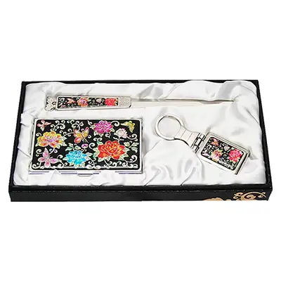 Mother-of-Pearl Business Card Case Jical 3-Piece Set Peony Butterfly Black