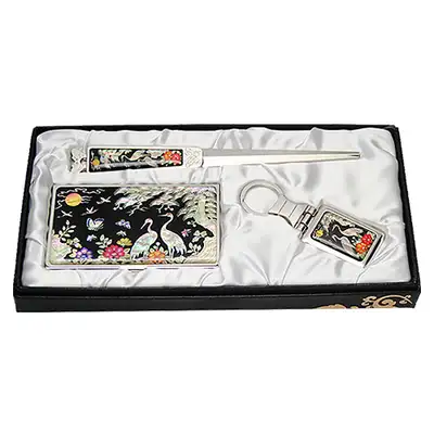Mother-of-Pearl Business Card Case Holder Set of 3 - Peony and Crane