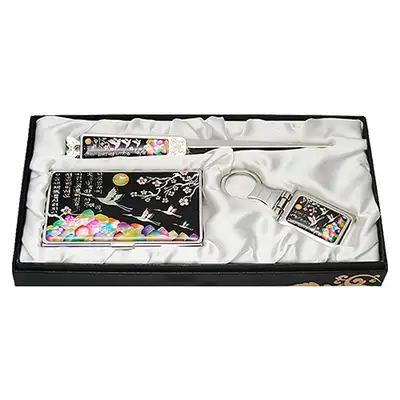 Mother-of-Pearl Business Card Case Jigal 3-Piece Set Plum Blossom Crane Black