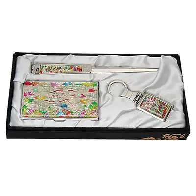 Mother-of-Pearl Business Card Case Jical 3-Piece Set Traditional Crane Badge White