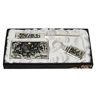 Mother-of-Pearl Business Card Case Knife 3-Piece Set - Ten Symbols of Longevity Design