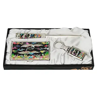 Mother-of-Pearl Business Card Case Jigal 3-Piece Set Chest Badge Crane Black