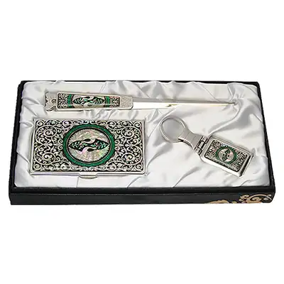 Natural Abalone Business Card Case Jigal 3-Piece Set Pair of Cranes