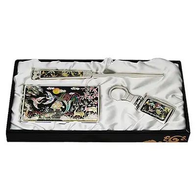 Mother-of-Pearl Business Card Case Jigal 3-Piece Set with Ten Longevity Symbols Design