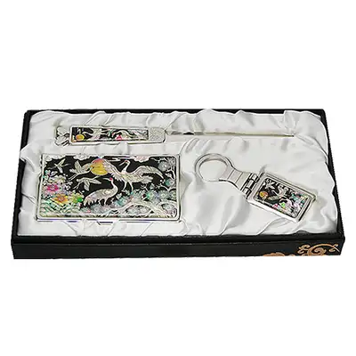 Shell Inlay Business Card Case and Paper Knife 3-Piece Set - Royal Crane Design 3