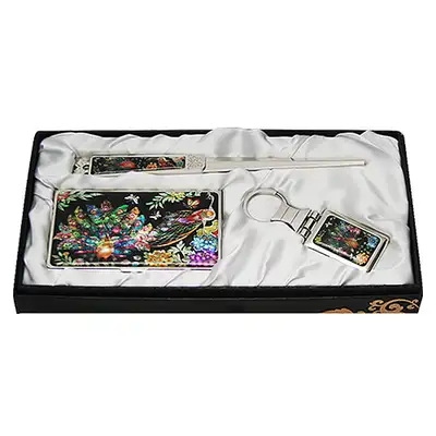 Mother-of-Pearl Business Card Case Jical 3-Piece Peacock Set
