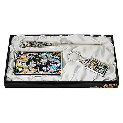 Mother-of-Pearl Business Card Case Jigal 3-Piece Set with Twin Dragon Pattern