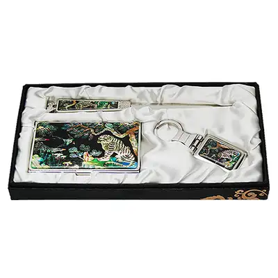 Mother-of-Pearl Business Card Case Nail File 3-Piece Set - Magpie and Tiger