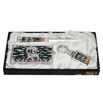 Mother-of-Pearl Business Card Case Jigal 3-Piece Set with Double Phoenix Design