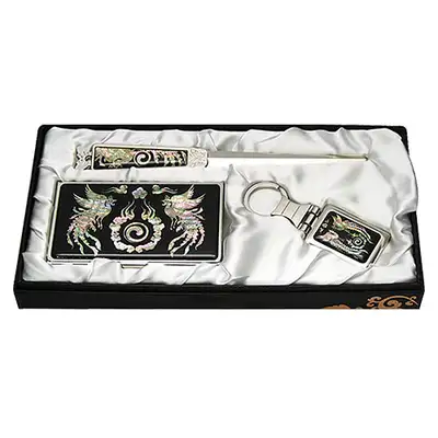 Natural Mother-of-Pearl Business Card Case Set, 3-Piece Phoenix Design