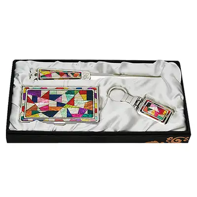 Mother-of-Pearl Business Card Case and Nail File Set - 3 Pieces Traditional Patchwork