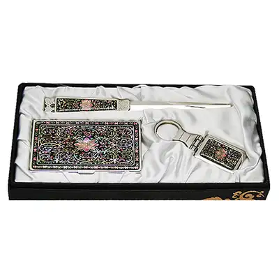 Mother-of-Pearl Business Card Case Set of 3 - Traditional Vine Scroll Design