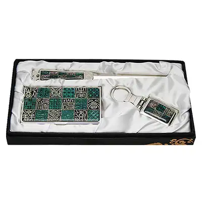 Natural Mother-of-Pearl Business Card Holder Set of 3 - Lattice Window Calligraphy Design