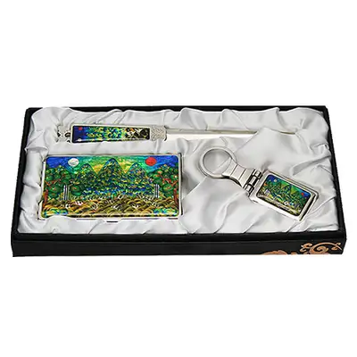 Natural Mother-of-Pearl Business Card Case Jigal 3-Piece Set Sun and Moon Design