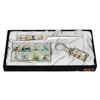 Mother-of-Pearl Business Card Case Knife 3-Piece Set - Flowers and Insects Design