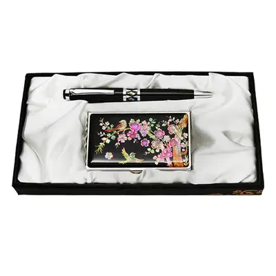 Abalone Shell Ballpen and Business Card 2-Piece Set – Plum Blossom
