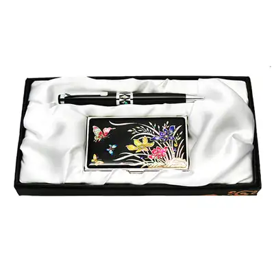 Nacre Ballpoint Pen and Business Card 2-Piece Set - Orchid Flower Pattern