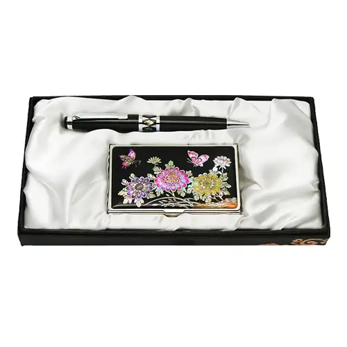 螺钿圆珠笔名片卡2件套装 菊花