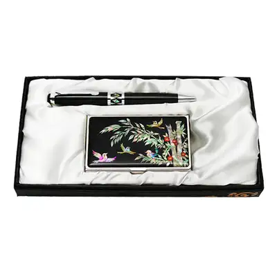 Mother-of-Pearl Ballpoint Pen & Business Card 2-Piece Set - Bamboo Design