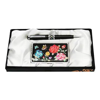 Mother-of-Pearl Ballpoint Pen and Business Card Case 2-Piece Set - Rose Flower