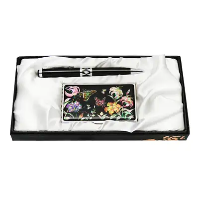Inlaid Mother-of-Pearl Ballpoint Pen and Business Card 2-Piece Set - Lily Flower