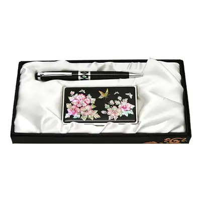 Mother-of-Pearl Ball Pen and Business Card Set with Rose of Sharon