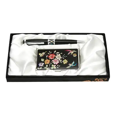 Mother-of-Pearl Ballpoint Pen & Business Card 2-Piece Set - Cherry Blossom