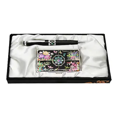 Mother-of-Pearl Ballpoint Pen and Namecard 2-Piece Set - Four Gentlemen Plants Design